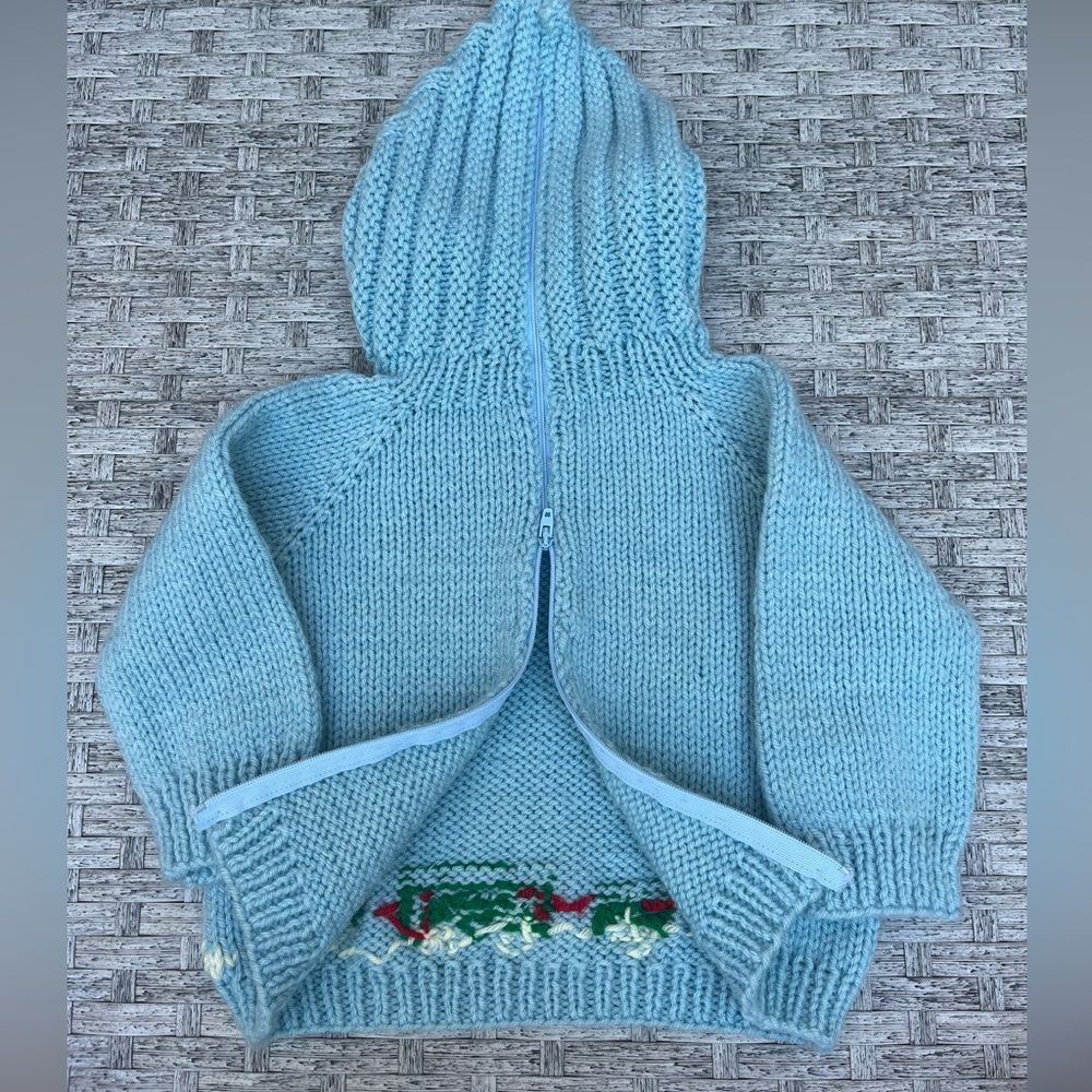 Handmade light blue knitted hoodie with cute details, back zipper, 12x12 in